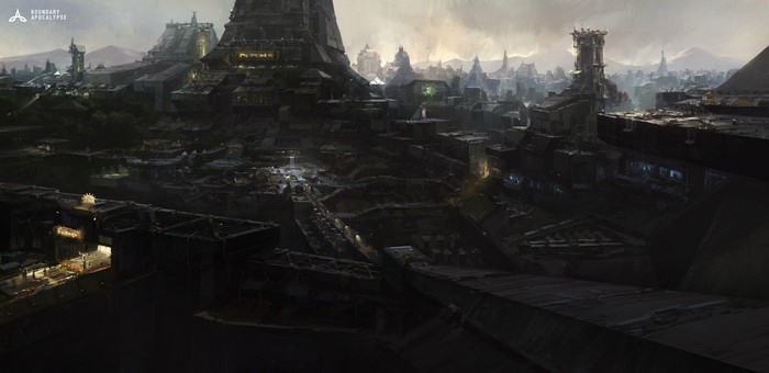 Futuristic city with towering structures and glowing lights