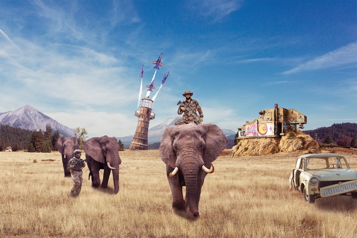 Soldiers and elephants in a post-apocalyptic landscape with jets