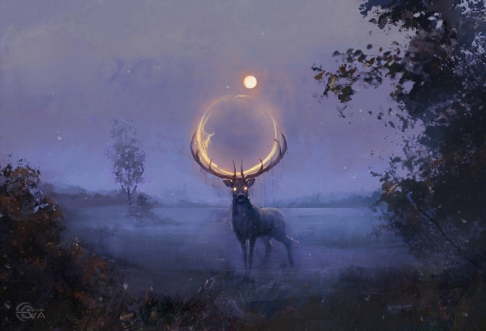 Artwork of a deer with glowing antlers and a moon