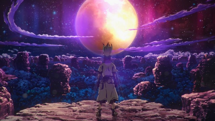 Senkuu Ishigami from Dr. Stone under a large moon
