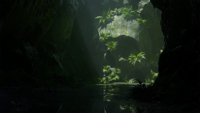 Sun rays in a dark cave with plants and water