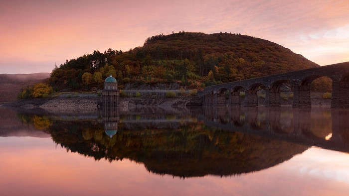 Craig Goch Dam and Bridge Reflection at Sunset