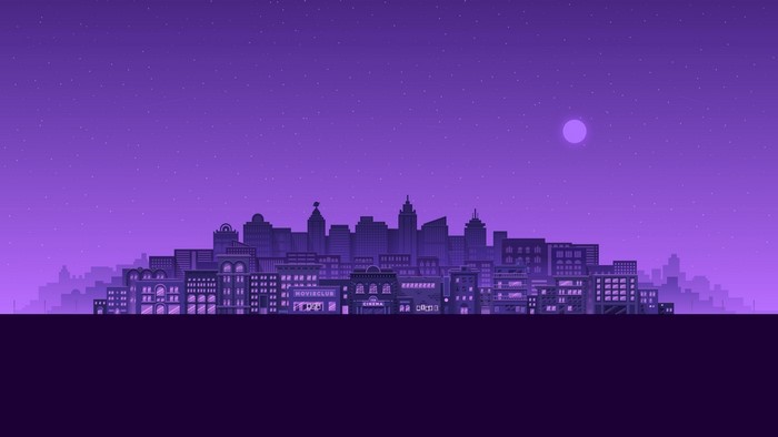 Minimalist purple cityscape with moon and stars