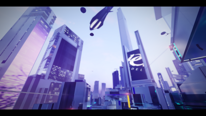 Mirror's Edge Catalyst futuristic cityscape with flying vehicles