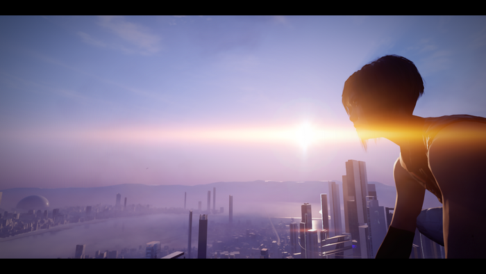 Faith Connors from Mirrors Edge Catalyst overlooking a futuristic city