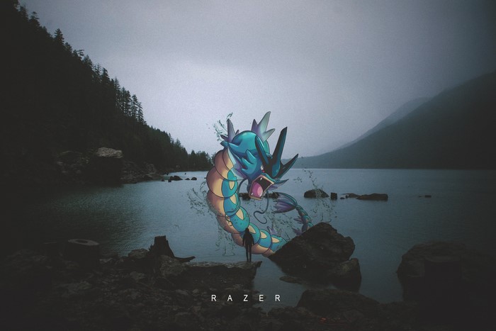 Gyarados from Pokemon in a lake with Razer logo