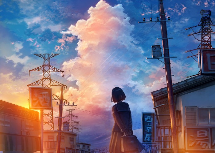 Anime girl with power lines at sunset