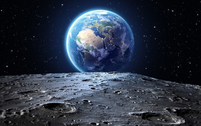 Earth viewed from the Moon's surface with stars in the background