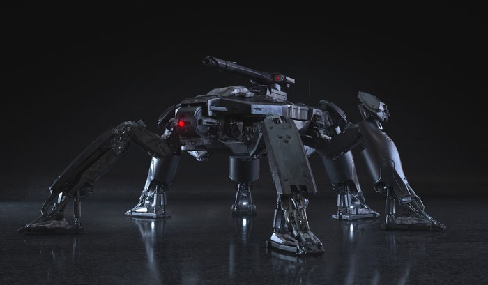 Futuristic spider-like robot with a cannon