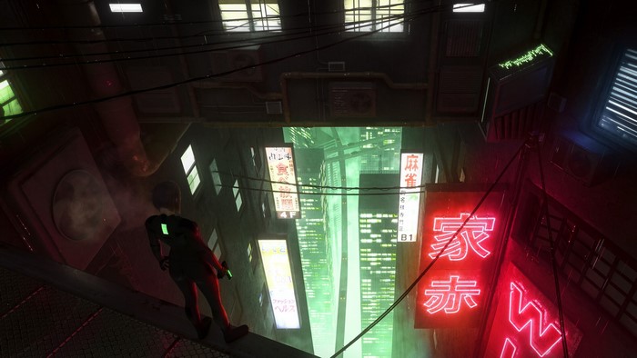 Cyberpunk city with a person holding a pistol