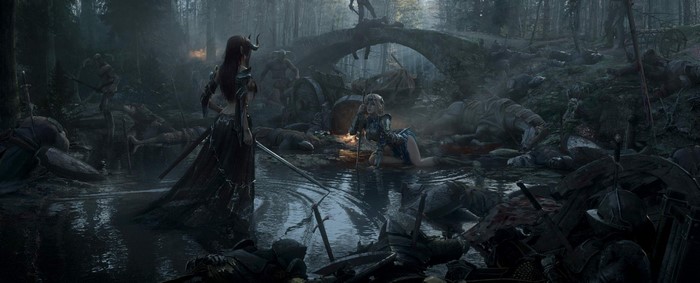 Two fantasy women with swords in a dark forest battlefield