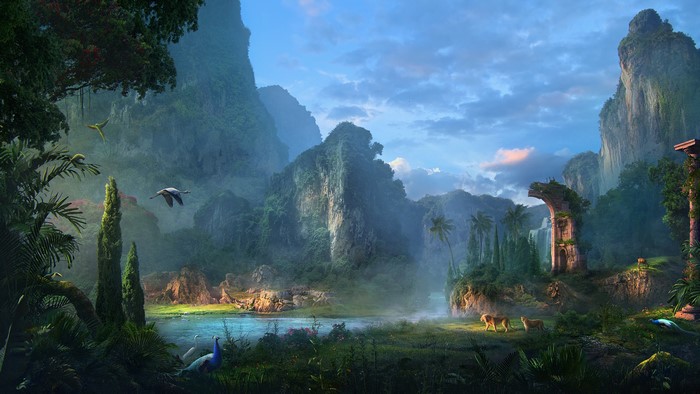 4K Digital Artwork of a Mystical Landscape with Ruins
