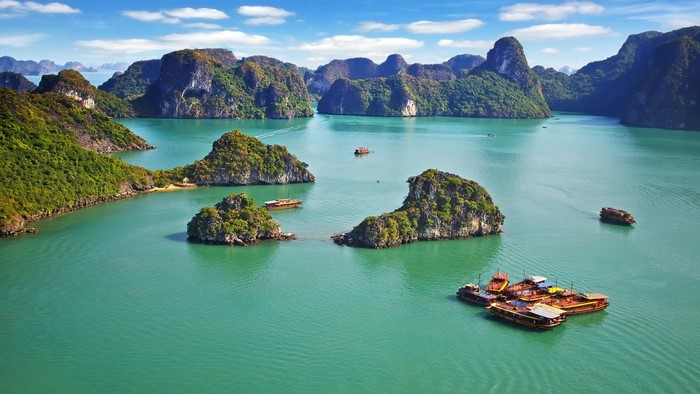Ha Long Bay, Vietnam with Limestone Karsts and Boats