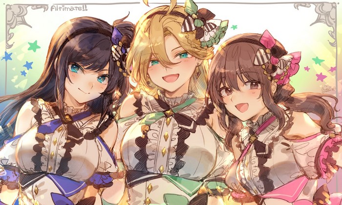 Three anime girls in frilly dresses