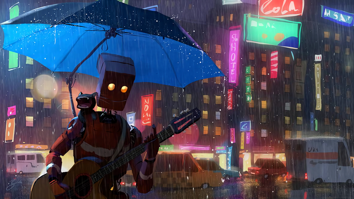 Robot with cat and guitar under umbrella in rainy city