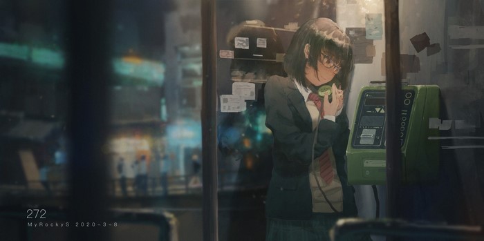 Anime girl in school uniform using a payphone at night