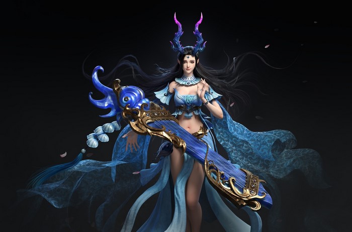 Fantasy Girl with Horns and Blue Attire