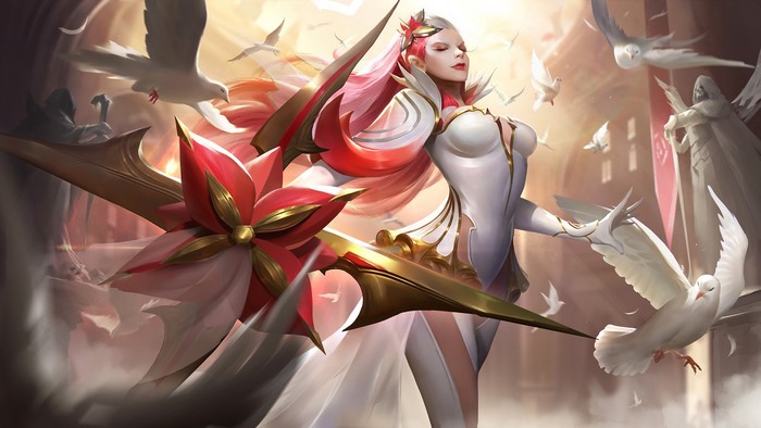 Fantasy girl with red hair and doves