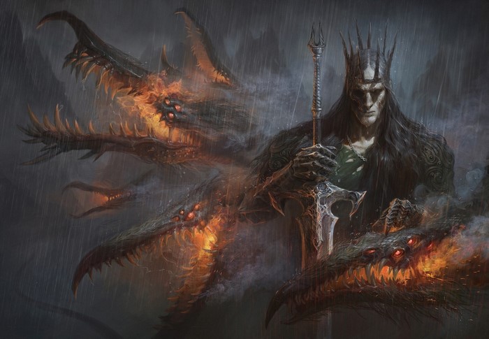 Dark King with Sword and Fiery Creatures