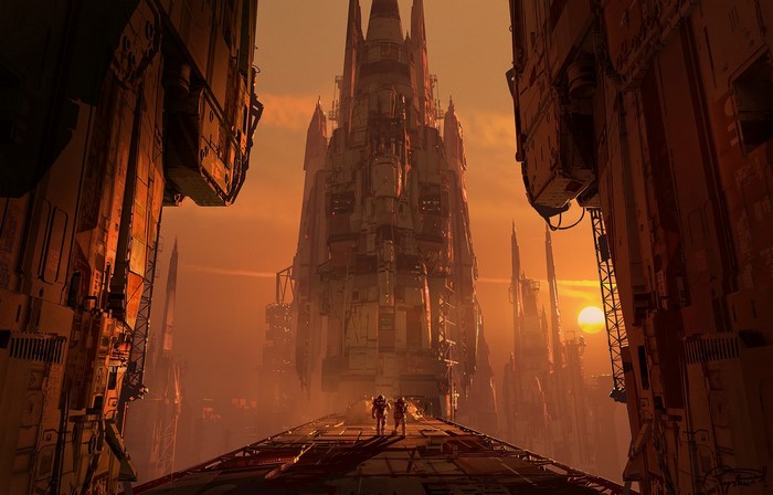 Futuristic city with two figures on a platform