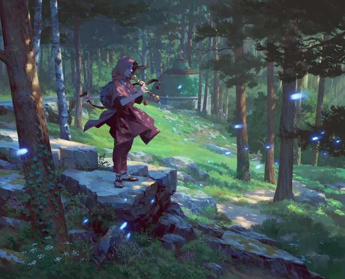 Person playing flute in a magical forest with glowing spirits