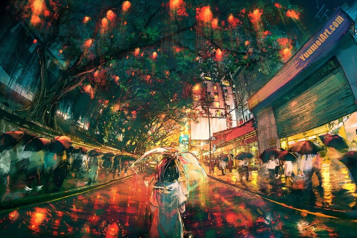 Artwork of a person with an umbrella in the rain at night