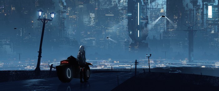 Cyberpunk city with a person on a motorcycle