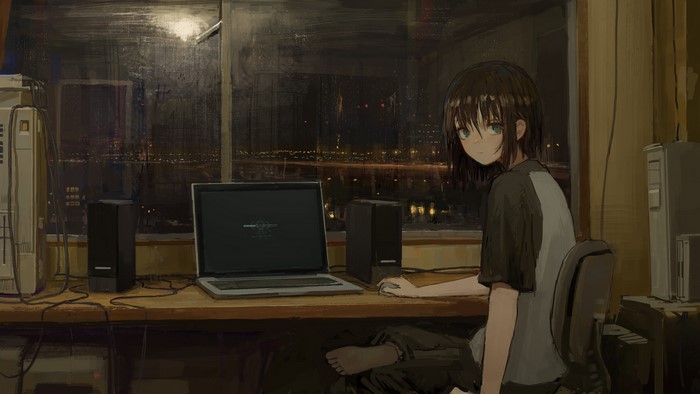 Lain Iwakura from Serial Experiments Lain sitting at a laptop at night