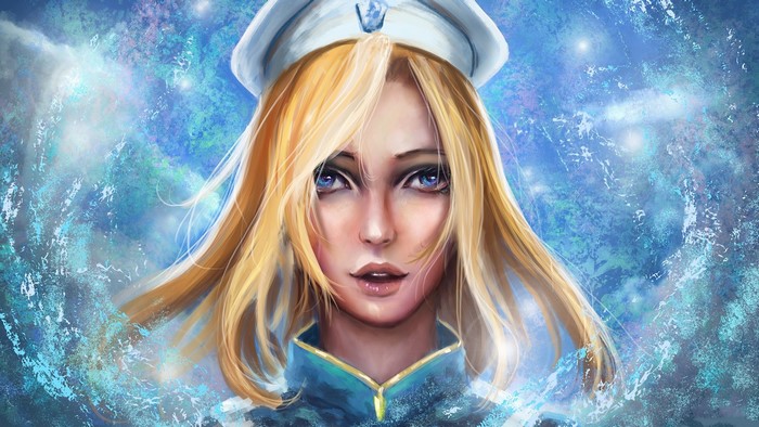 Artwork of a blonde woman with blue eyes wearing a hat