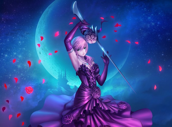 Anime girl in purple dress holding a sword