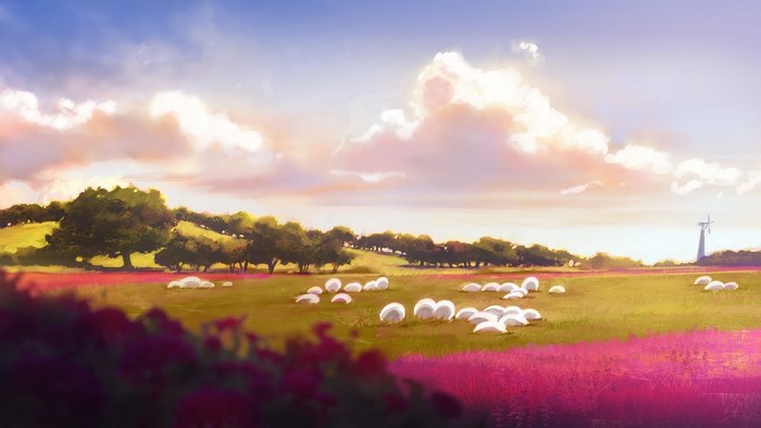 Sheep in a field with pink flowers and trees