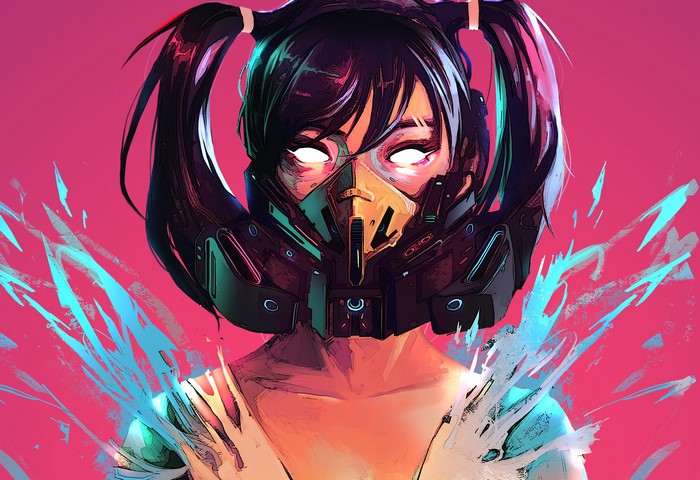 Cyberpunk woman with white eyes and mask
