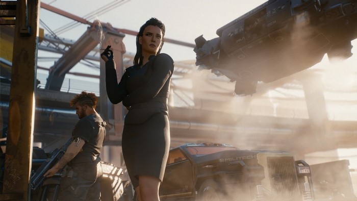 Woman smoking with man and vehicle in Cyberpunk 2077