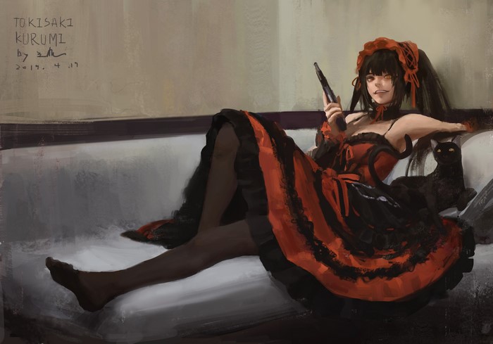 Tokisaki Kurumi from Date A Live with a black cat
