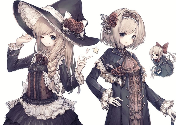 Anime girls in gothic lolita witch outfits with roses