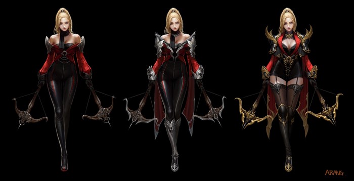 Woman with blonde ponytail and crossbows in red and black outfit