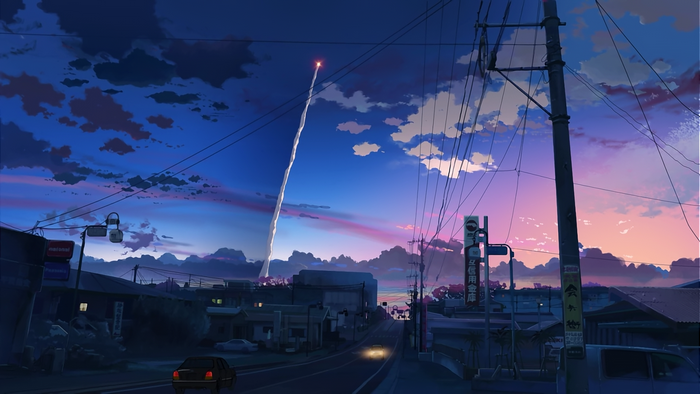 Anime town at dusk with rocket launch