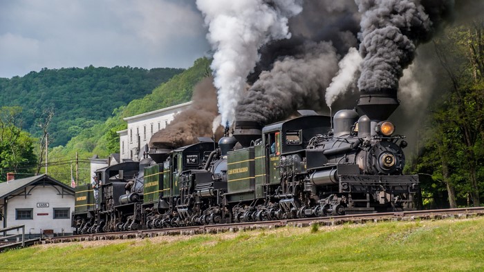 Four steam locomotives at Cass Scenic Railroad, West Virginia
