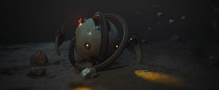 Futuristic robot with ring and lights on rocky ground