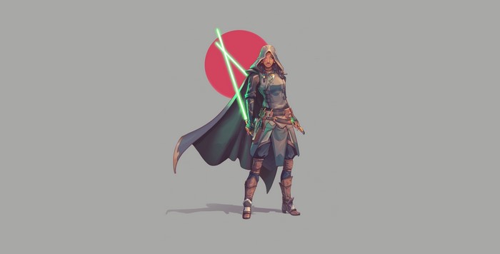 Woman with two lightsabers from Star Wars