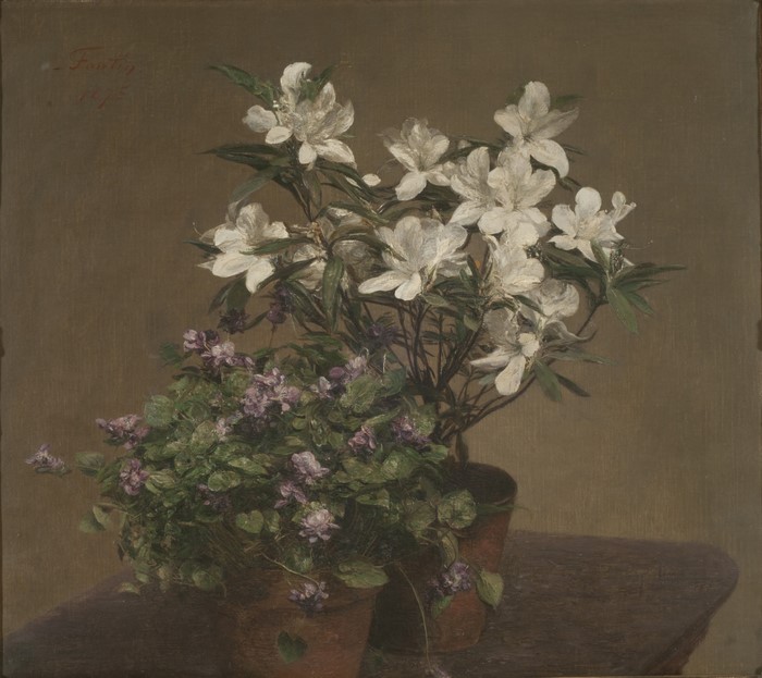 Still life painting of white azaleas and violets