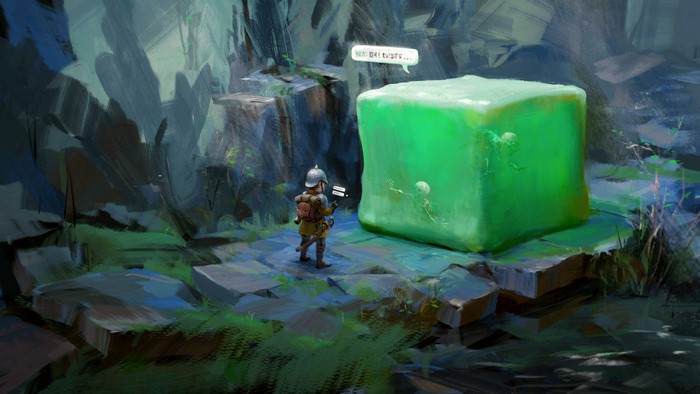 Adventurer encounters Gelatinous Cube with skeletons