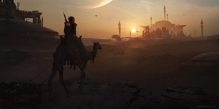 Science fiction desert city with traveler on camel
