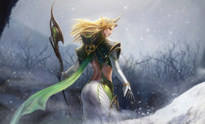 Elf woman with staff in snowy forest