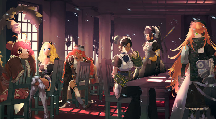 Maid outfits and armor in a dimly lit room