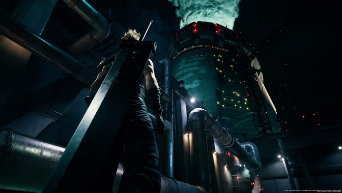 Cloud Strife from Final Fantasy VII in a dark industrial setting