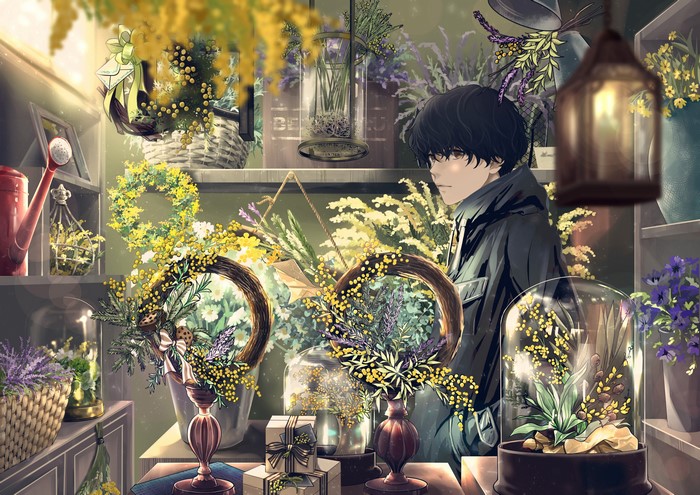 Anime boy in a flower shop with lanterns and wreaths