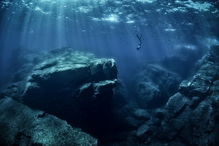 Underwater diver swimming near rocks and fish