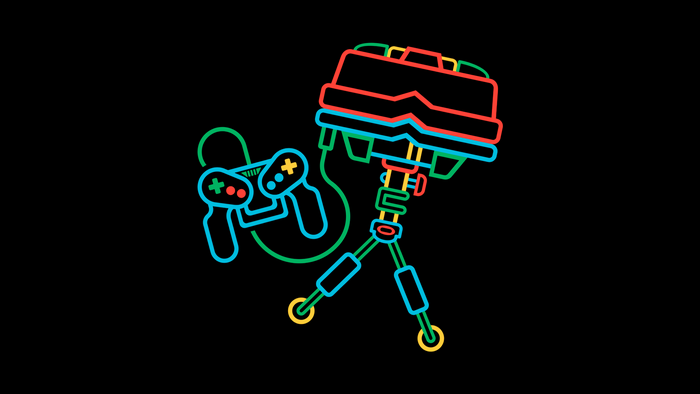 Retro video game controller and VR headset on tripod