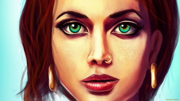 Artwork of a woman with green eyes and red hair